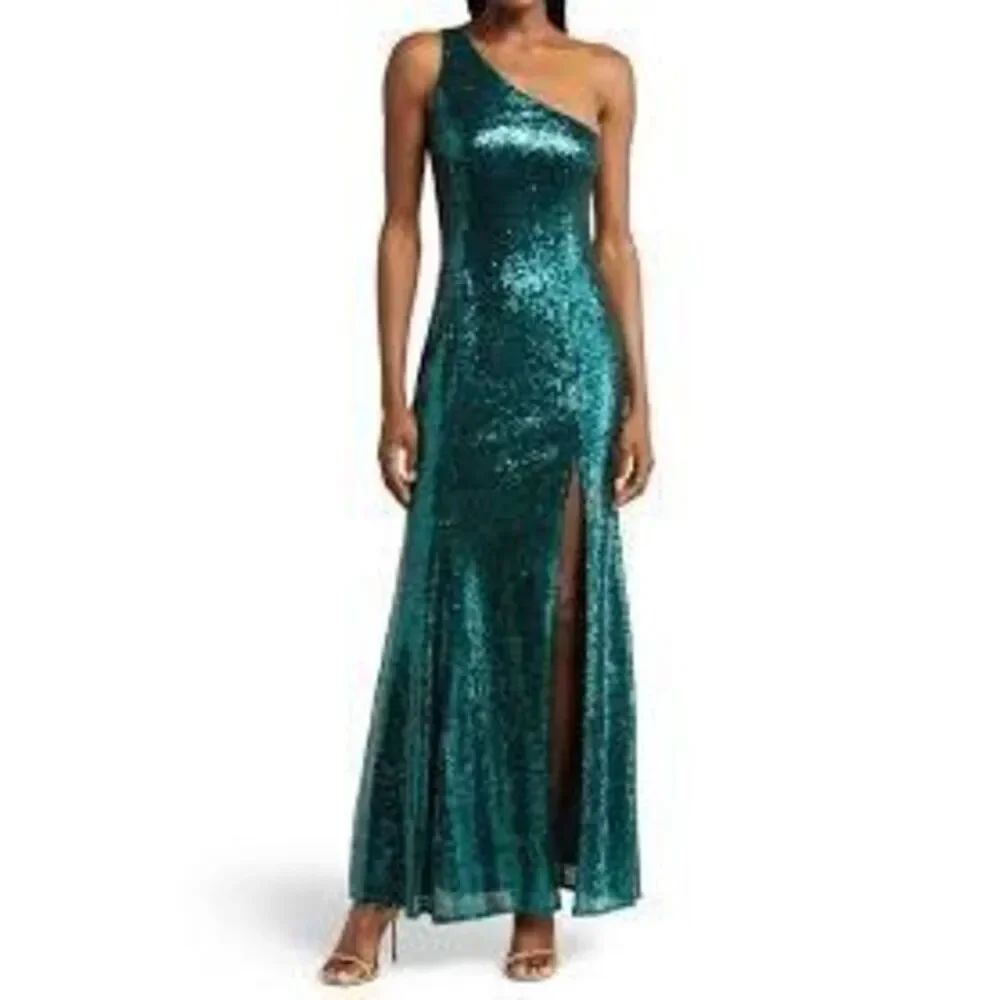 Lulus Capture the Glam Emerald Sequin One Shoulder Mermaid Maxi Dress Large NWT